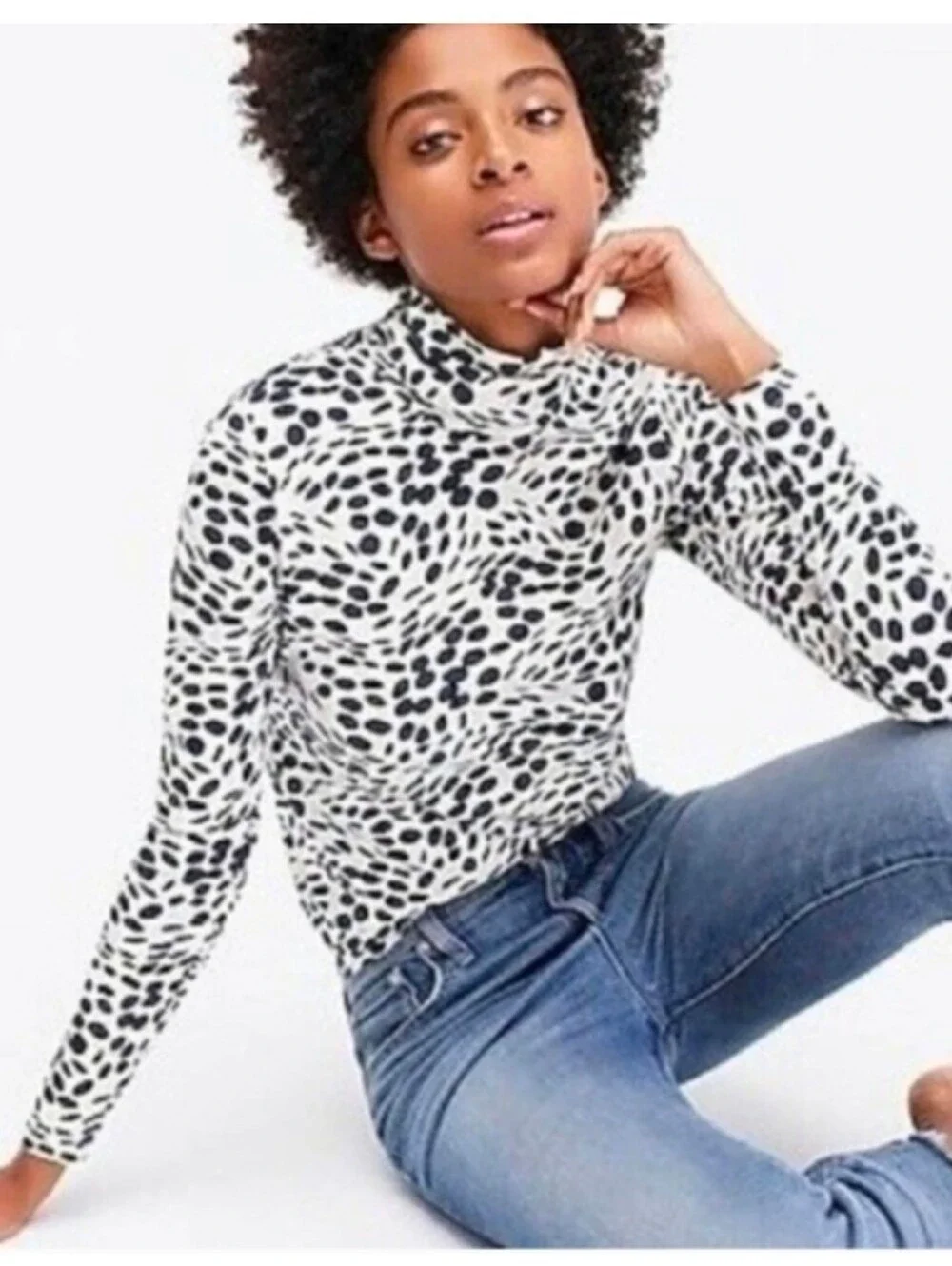 J Crew Cotton Tissue Turtleneck Navy On Ivory Elliptical Polka Dots